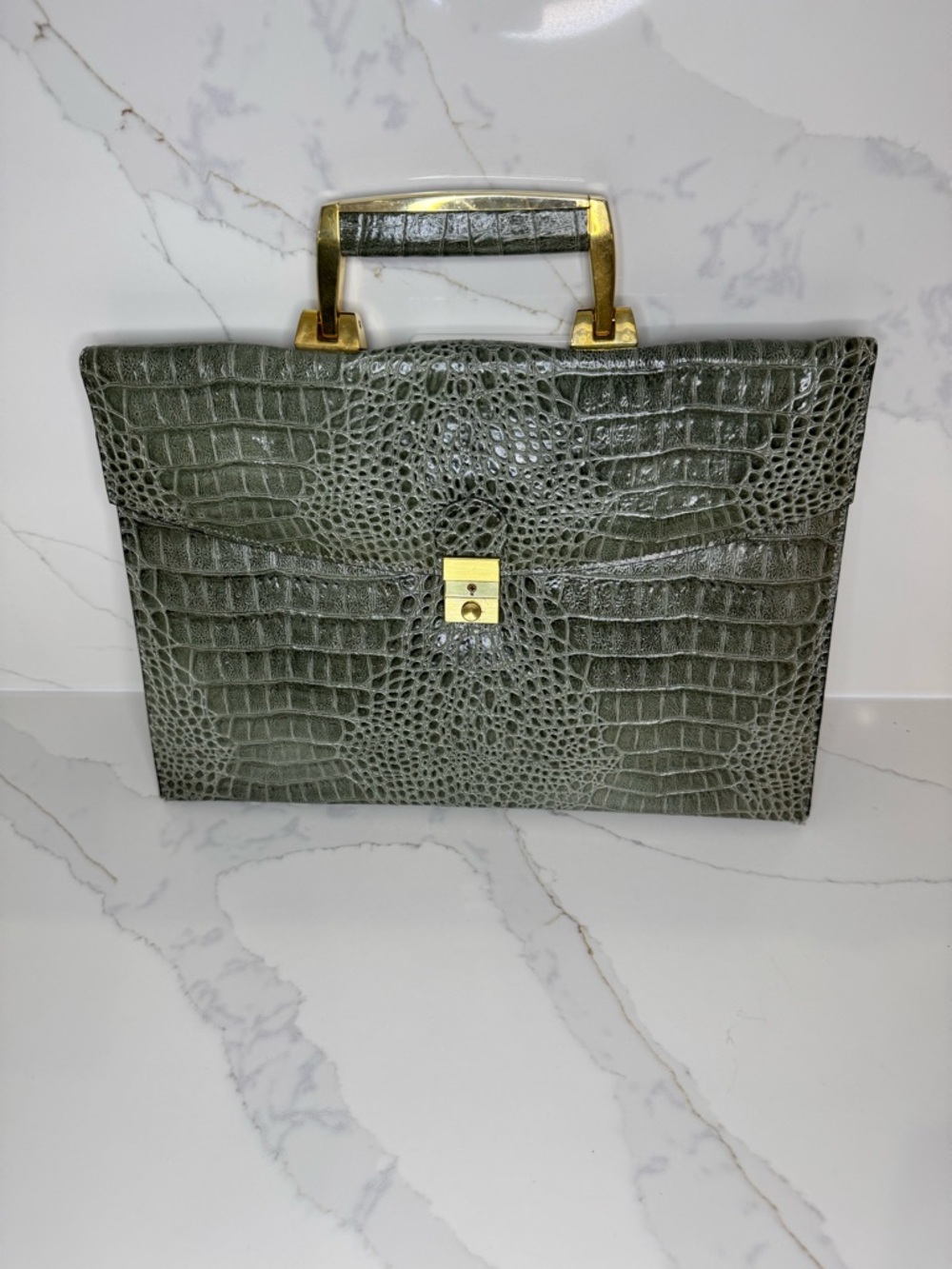 70s, 80s VINTAGE Alligator Embossed Leather Attaché Case Style Handbag